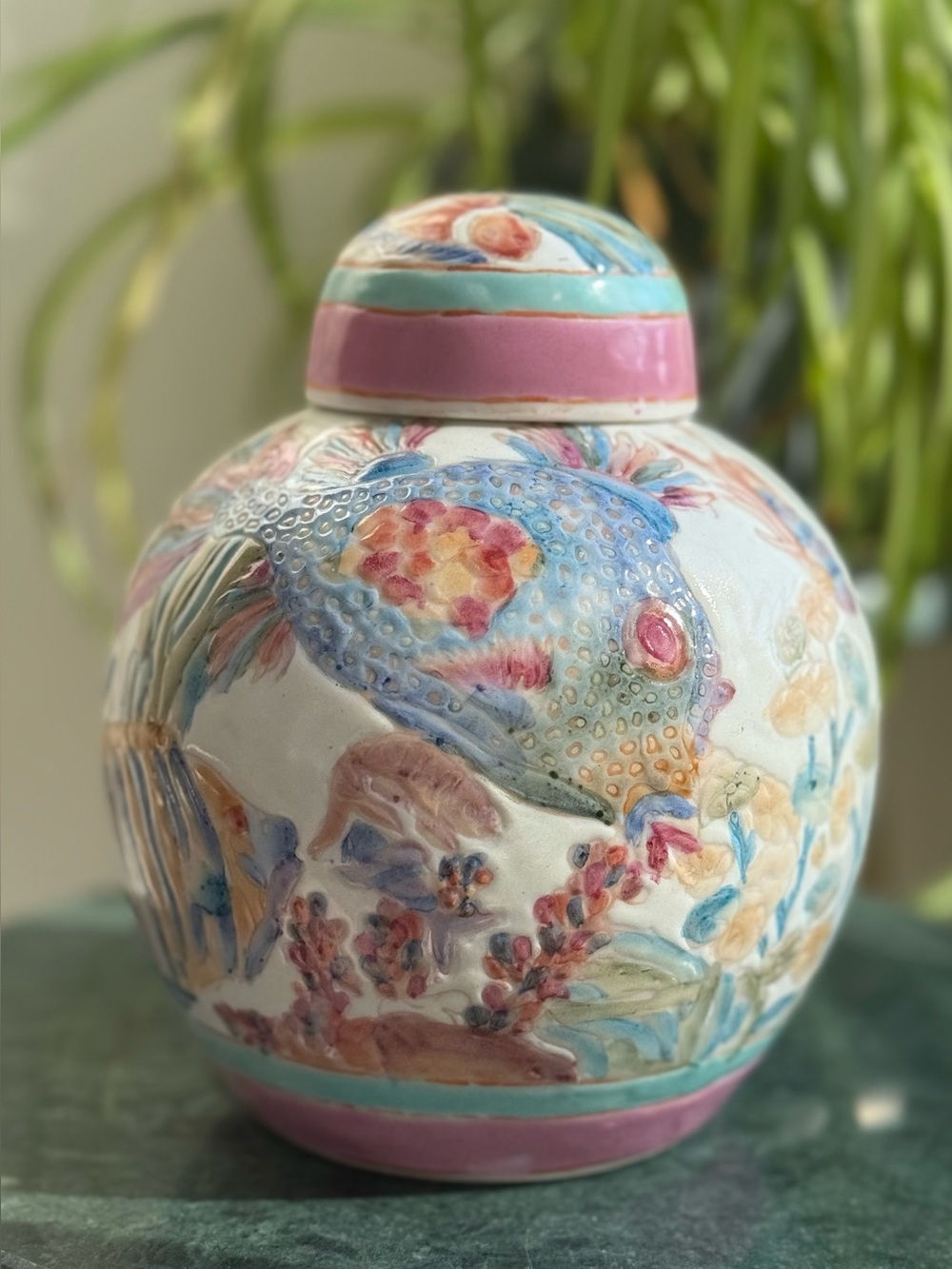 Fish / Coral Floral Ceramic Ginger Jar in Pink and Blue